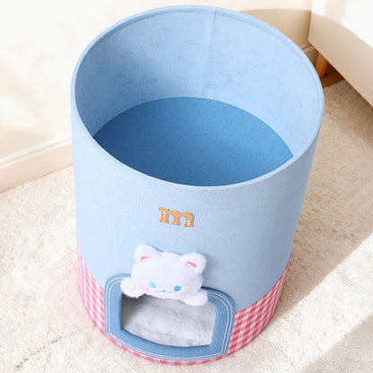 Contemporary Creative Round Polyester Denim Velvet Fabric Storage Cat Bed For Living Room