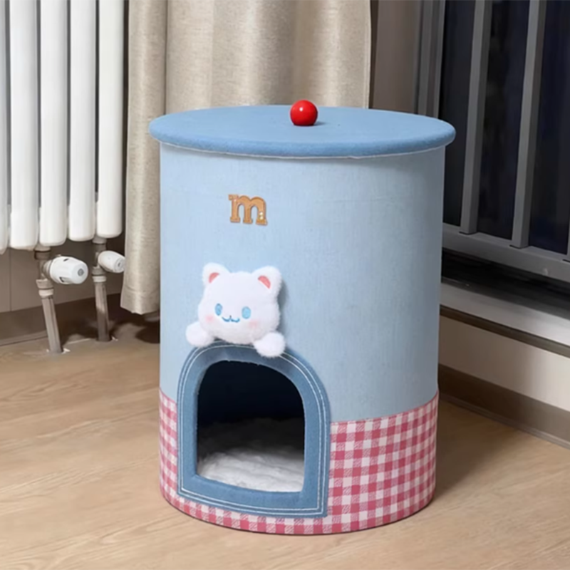 Contemporary Creative Round Polyester Denim Velvet Fabric Storage Cat Bed For Living Room
