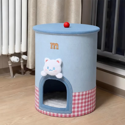 Contemporary Creative Round Polyester Denim Velvet Fabric Storage Cat Bed For Living Room