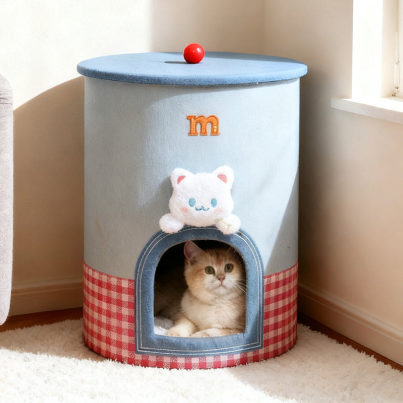 Contemporary Creative Round Polyester Denim Velvet Fabric Storage Cat Bed For Living Room