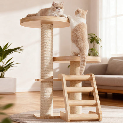 Contemporary Scandinavian Round Rubberwood Solid Wood Sisal No-Assembly Cat Tree For Living Room