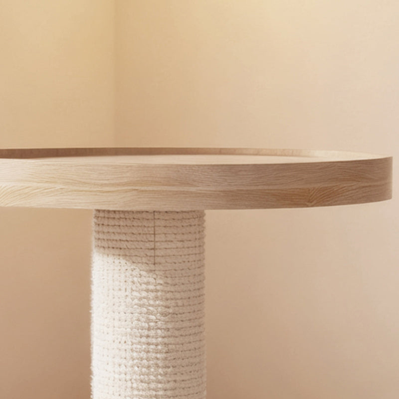 Contemporary Scandinavian Round Rubberwood Solid Wood Sisal No-Assembly Cat Tree For Living Room