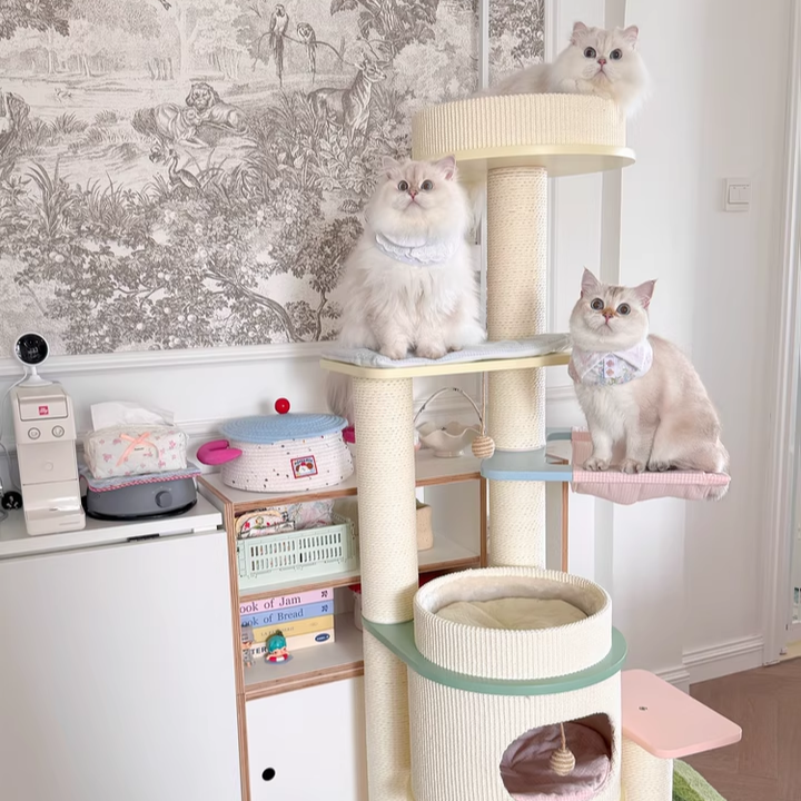 Contemporary Scandinavian Round Multi-Layer Solid Wood Panel Fiberboard Paper Rope Paper Tube Cat Tree 5-Tier For Living Room