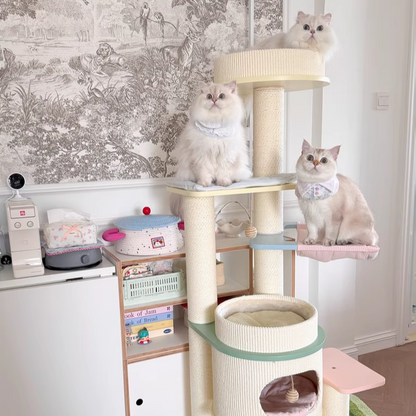 Contemporary Scandinavian Round Multi-Layer Solid Wood Panel Fiberboard Paper Rope Paper Tube Cat Tree 5-Tier For Living Room