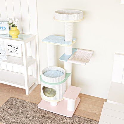 Contemporary Scandinavian Round Multi-Layer Solid Wood Panel Fiberboard Paper Rope Paper Tube Cat Tree 5-Tier For Living Room