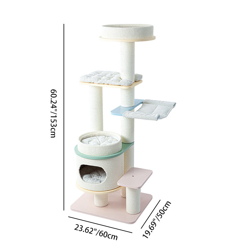 Contemporary Scandinavian Round Multi-Layer Solid Wood Panel Fiberboard Paper Rope Paper Tube Cat Tree 5-Tier For Living Room