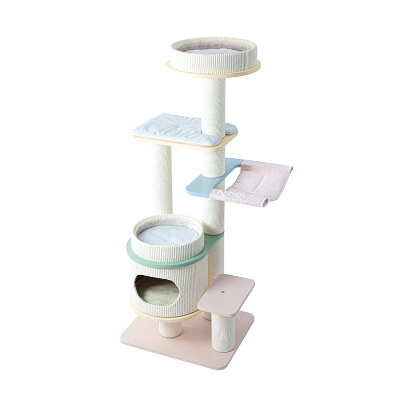 Contemporary Scandinavian Round Multi-Layer Solid Wood Panel Fiberboard Paper Rope Paper Tube Cat Tree 5-Tier For Living Room