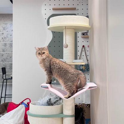 Contemporary Scandinavian Round Multi-Layer Solid Wood Panel Fiberboard Paper Rope Paper Tube Cat Tree 5-Tier For Living Room