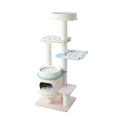 Contemporary Scandinavian Round Multi-Layer Solid Wood Panel Fiberboard Paper Rope Paper Tube Cat Tree 5-Tier For Living Room
