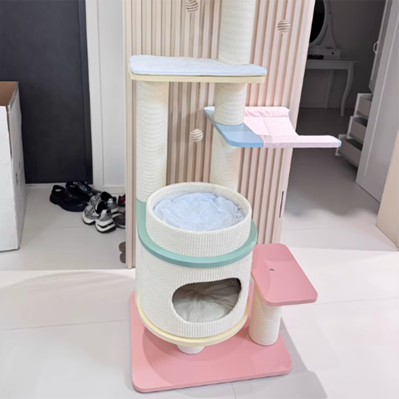 Contemporary Scandinavian Round Multi-Layer Solid Wood Panel Fiberboard Paper Rope Paper Tube Cat Tree 5-Tier For Living Room