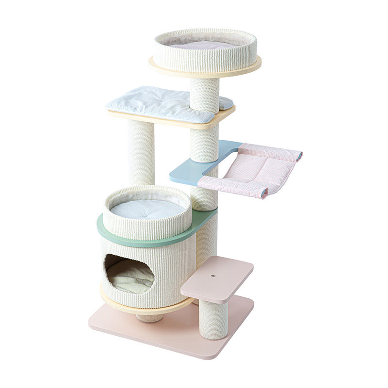 Contemporary Scandinavian Round Multi-Layer Solid Wood Panel Fiberboard Paper Rope Paper Tube Cat Tree 5-Tier For Living Room