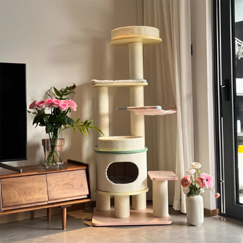 Contemporary Scandinavian Round Multi-Layer Solid Wood Panel Fiberboard Paper Rope Paper Tube Cat Tree 5-Tier For Living Room