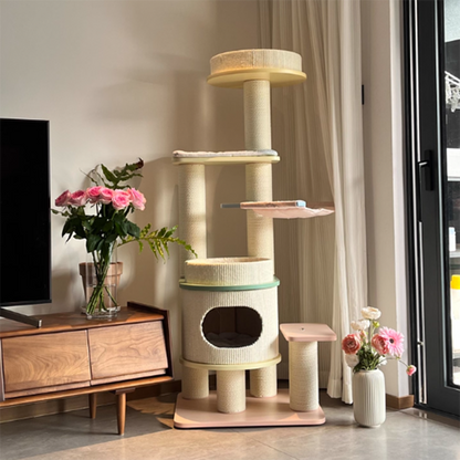 Contemporary Scandinavian Round Multi-Layer Solid Wood Panel Fiberboard Paper Rope Paper Tube Cat Tree 5-Tier For Living Room