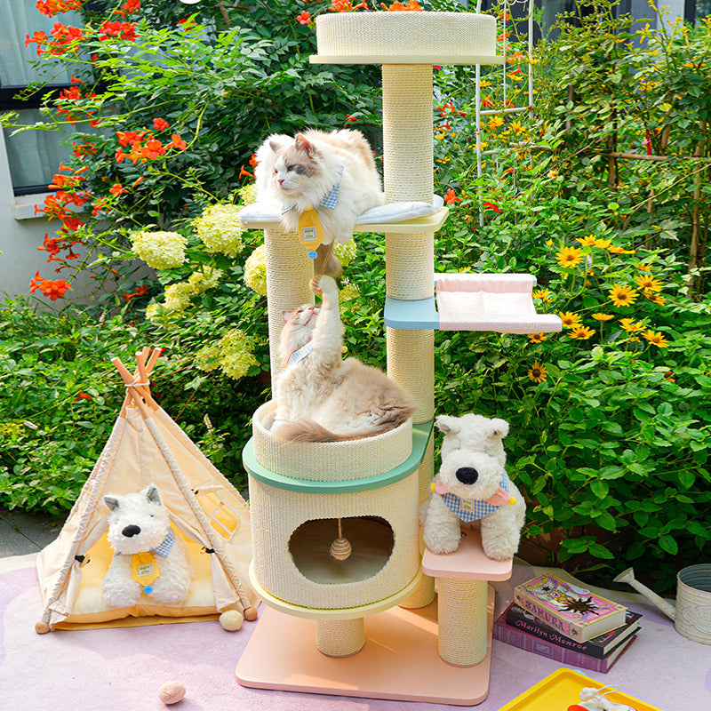 Contemporary Scandinavian Round Multi-Layer Solid Wood Panel Fiberboard Paper Rope Paper Tube Cat Tree 5-Tier For Living Room