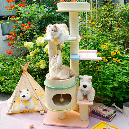 Contemporary Scandinavian Round Multi-Layer Solid Wood Panel Fiberboard Paper Rope Paper Tube Cat Tree 5-Tier For Living Room