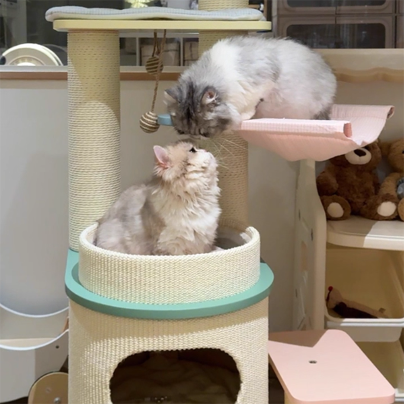 Contemporary Scandinavian Round Multi-Layer Solid Wood Panel Fiberboard Paper Rope Paper Tube Cat Tree 5-Tier For Living Room