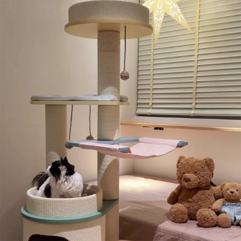 Contemporary Scandinavian Round Multi-Layer Solid Wood Panel Fiberboard Paper Rope Paper Tube Cat Tree 5-Tier For Living Room