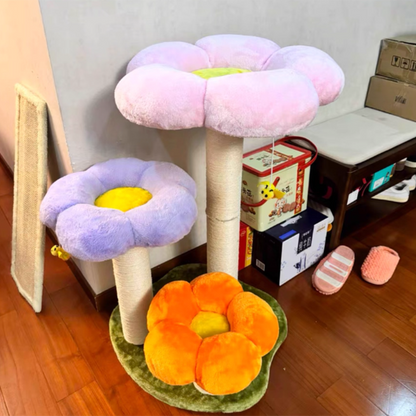 Contemporary Scandinavian Round Particleboard Kraft Paper Tube Sisal Velvet Fabric Floral Cat Tree 3-Tier For Living Room