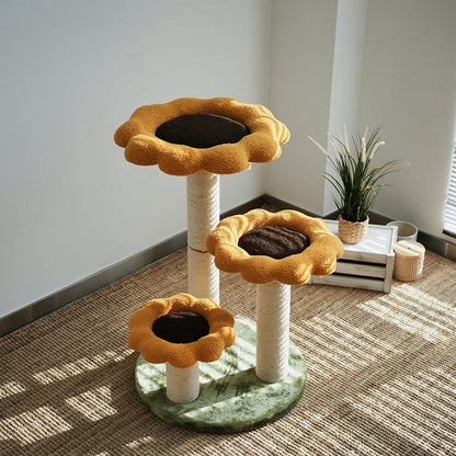 Contemporary Scandinavian Round Particleboard Kraft Paper Tube Sisal Velvet Fabric Floral Cat Tree 3-Tier For Living Room