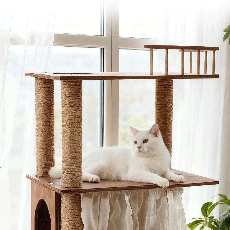 Contemporary Scandinavian Rectangular Pine Solid Wood Pillar Multi-Layer Solid Wood Panel Hemp Rope Cat Tree 4-Tier For Living Room