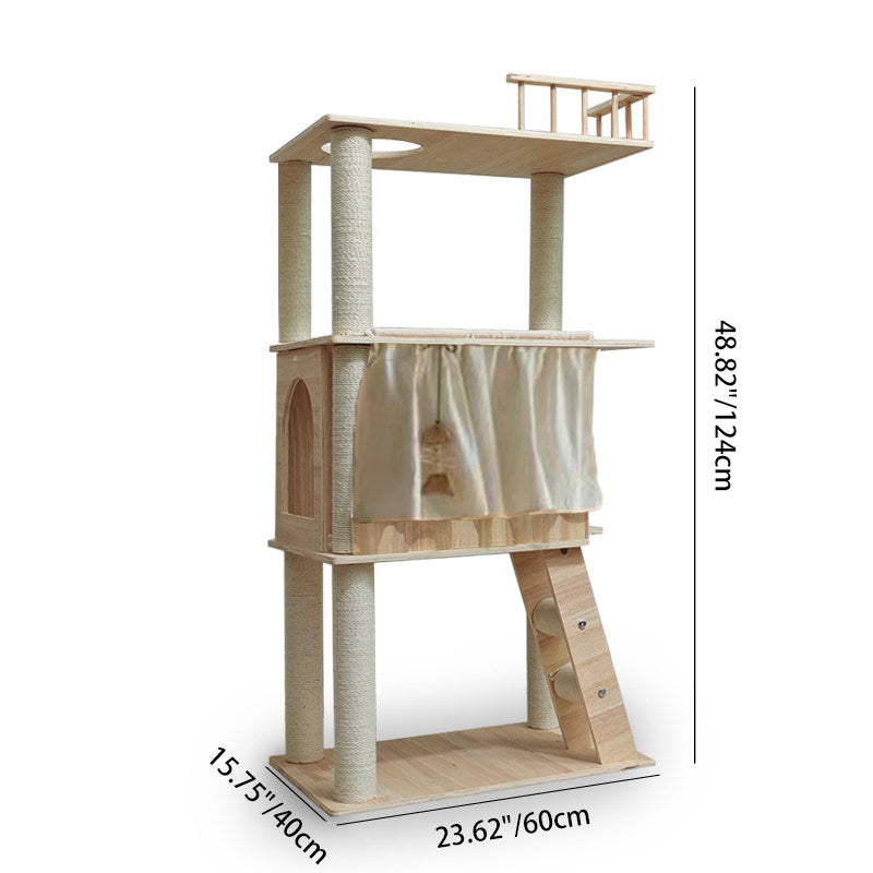 Contemporary Scandinavian Rectangular Pine Solid Wood Pillar Multi-Layer Solid Wood Panel Hemp Rope Cat Tree 4-Tier For Living Room