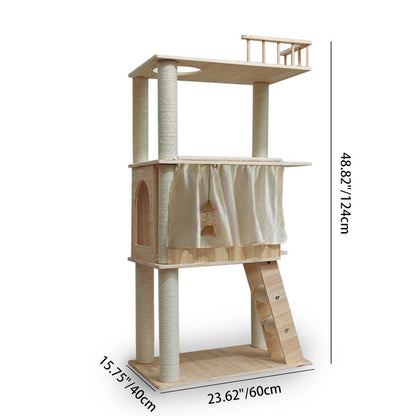 Contemporary Scandinavian Rectangular Pine Solid Wood Pillar Multi-Layer Solid Wood Panel Hemp Rope Cat Tree 4-Tier For Living Room