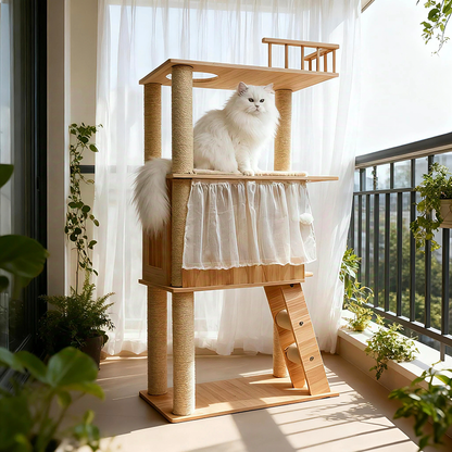 Contemporary Scandinavian Rectangular Pine Solid Wood Pillar Multi-Layer Solid Wood Panel Hemp Rope Cat Tree 4-Tier For Living Room
