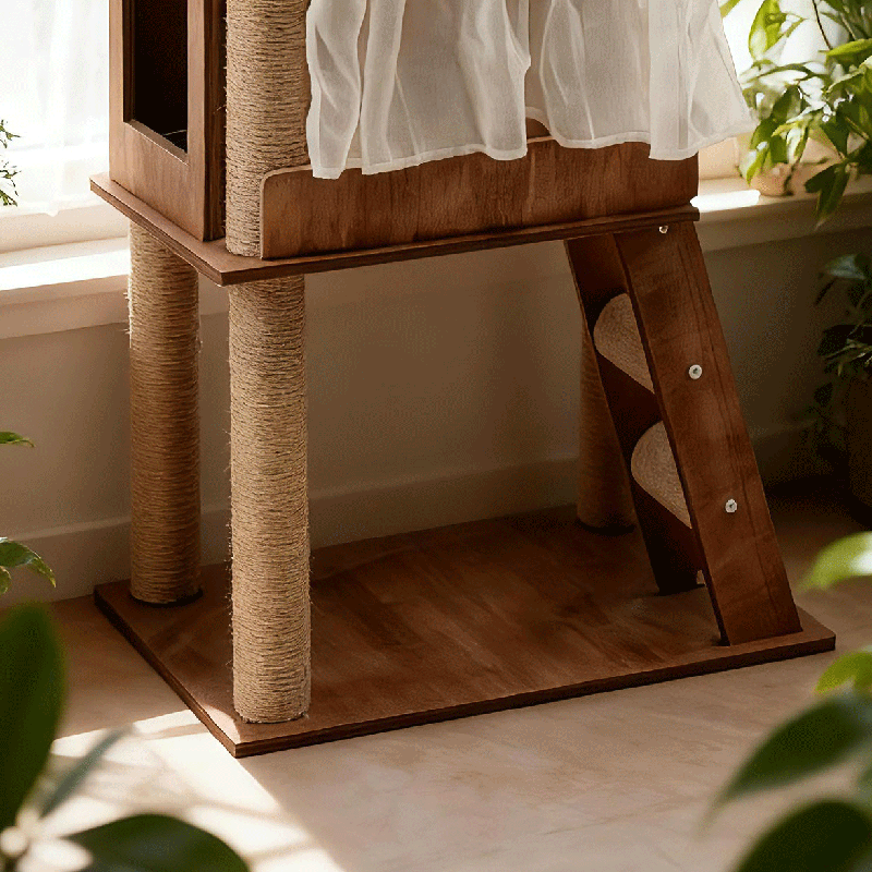 Contemporary Scandinavian Rectangular Pine Solid Wood Pillar Multi-Layer Solid Wood Panel Hemp Rope Cat Tree 4-Tier For Living Room