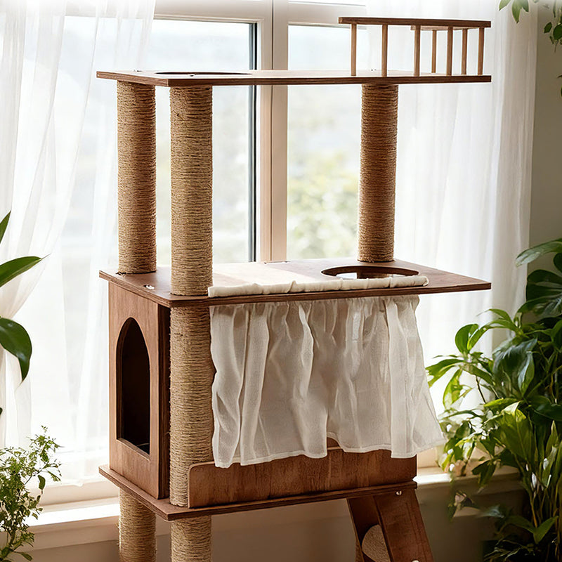 Contemporary Scandinavian Rectangular Pine Solid Wood Pillar Multi-Layer Solid Wood Panel Hemp Rope Cat Tree 4-Tier For Living Room