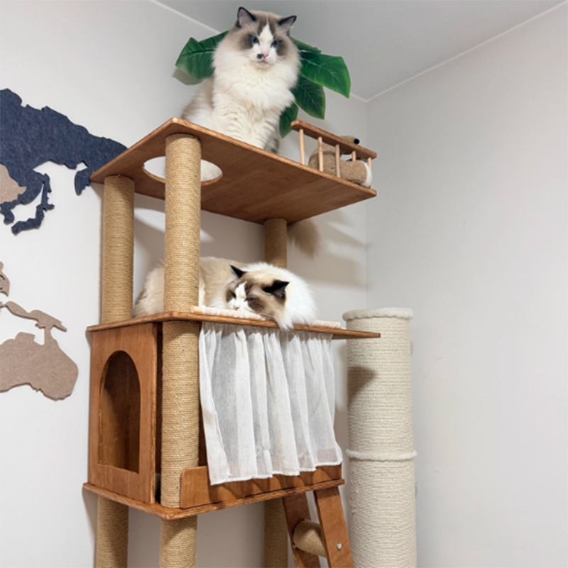 Contemporary Scandinavian Rectangular Pine Solid Wood Pillar Multi-Layer Solid Wood Panel Hemp Rope Cat Tree 4-Tier For Living Room