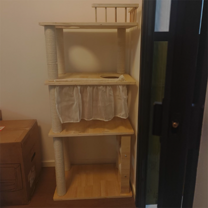Contemporary Scandinavian Rectangular Pine Solid Wood Pillar Multi-Layer Solid Wood Panel Hemp Rope Cat Tree 4-Tier For Living Room