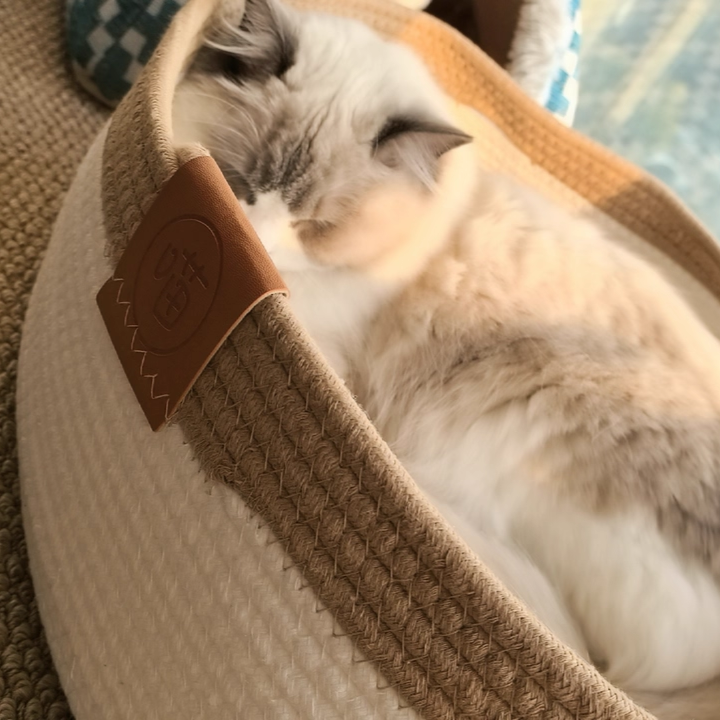 Contemporary Scandinavian Oval Linen-Cotton Rope Woven Cat Bed For Living Room & Bedroom