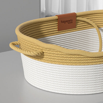 Contemporary Scandinavian Oval Linen-Cotton Rope Woven Cat Bed For Living Room & Bedroom