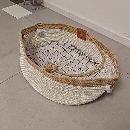 Contemporary Scandinavian Oval Linen-Cotton Rope Woven Cat Bed For Living Room & Bedroom