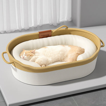 Contemporary Scandinavian Oval Linen-Cotton Rope Woven Cat Bed For Living Room & Bedroom