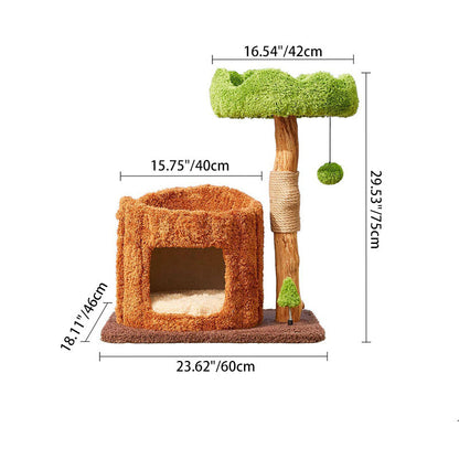 Contemporary Creative Round Particleboard Natural Fruitwood Velvet Fabric Sisal Tree Stump Cat Tree 3-Tier For Living Room