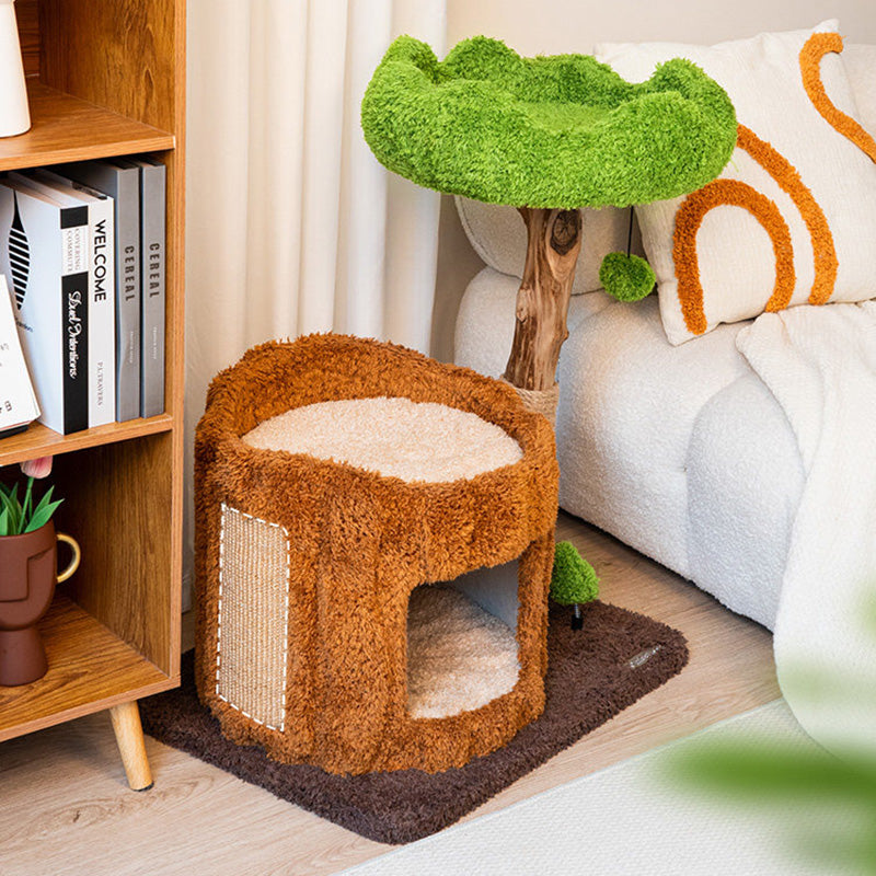 Contemporary Creative Round Particleboard Natural Fruitwood Velvet Fabric Sisal Tree Stump Cat Tree 3-Tier For Living Room
