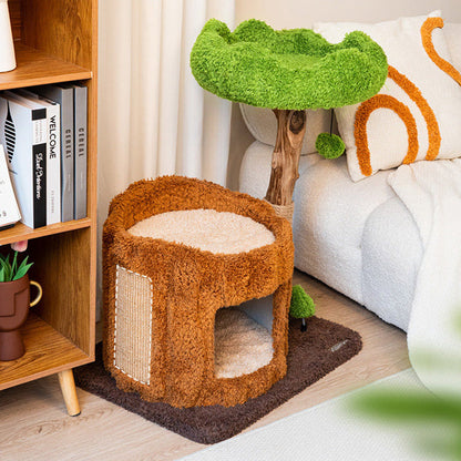 Contemporary Creative Round Particleboard Natural Fruitwood Velvet Fabric Sisal Tree Stump Cat Tree 3-Tier For Living Room