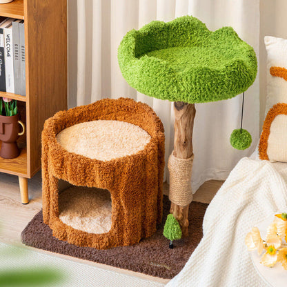 Contemporary Creative Round Particleboard Natural Fruitwood Velvet Fabric Sisal Tree Stump Cat Tree 3-Tier For Living Room