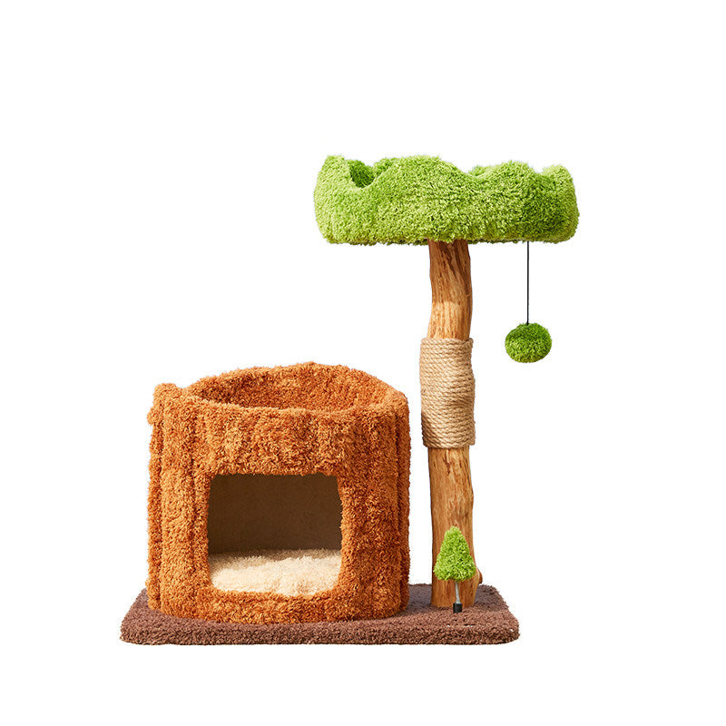 Contemporary Creative Round Particleboard Natural Fruitwood Velvet Fabric Sisal Tree Stump Cat Tree 3-Tier For Living Room