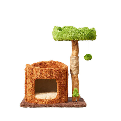 Contemporary Creative Round Particleboard Natural Fruitwood Velvet Fabric Sisal Tree Stump Cat Tree 3-Tier For Living Room