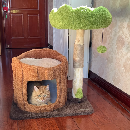 Contemporary Creative Round Particleboard Natural Fruitwood Velvet Fabric Sisal Tree Stump Cat Tree 3-Tier For Living Room