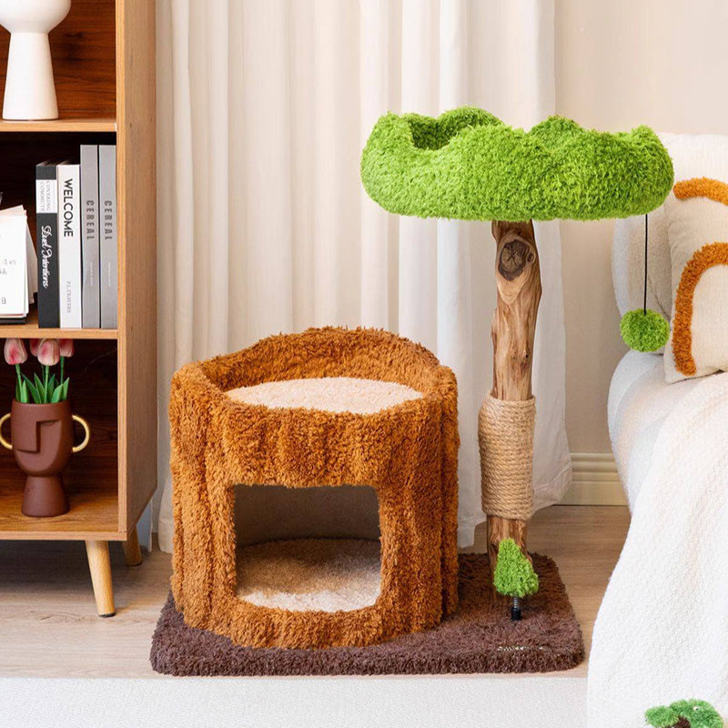 Contemporary Creative Round Particleboard Natural Fruitwood Velvet Fabric Sisal Tree Stump Cat Tree 3-Tier For Living Room