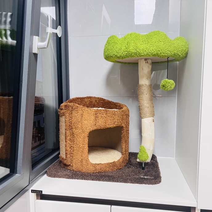 Contemporary Creative Round Particleboard Natural Fruitwood Velvet Fabric Sisal Tree Stump Cat Tree 3-Tier For Living Room