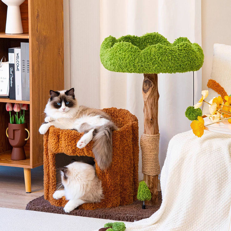 Contemporary Creative Round Particleboard Natural Fruitwood Velvet Fabric Sisal Tree Stump Cat Tree 3-Tier For Living Room