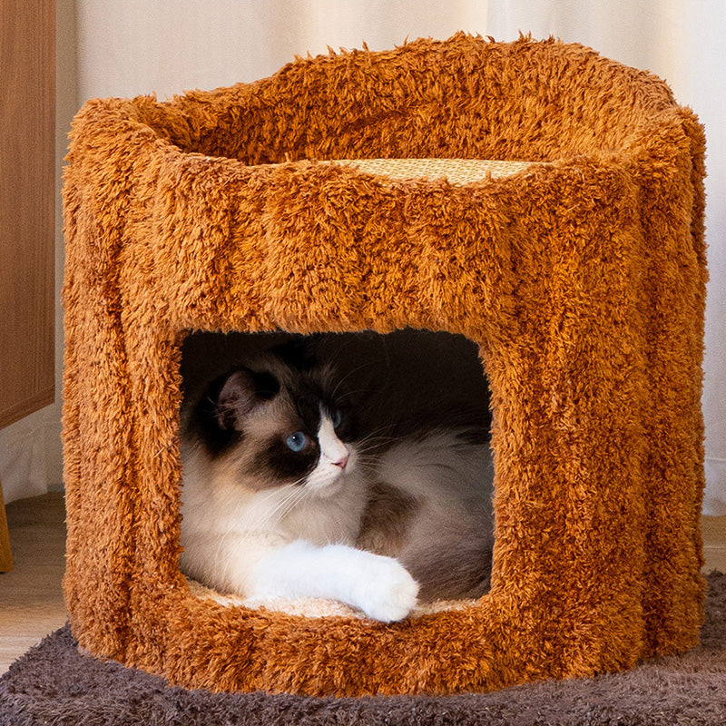Contemporary Creative Round Particleboard Natural Fruitwood Velvet Fabric Sisal Tree Stump Cat Tree 3-Tier For Living Room