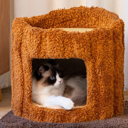 Contemporary Creative Round Particleboard Natural Fruitwood Velvet Fabric Sisal Tree Stump Cat Tree 3-Tier For Living Room
