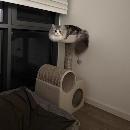 Contemporary Scandinavian Round Particleboard Velvet Fabric Sisal Paper Tube Cat Tree 3-Tier For Living Room