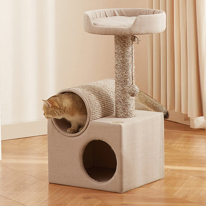 Contemporary Scandinavian Round Particleboard Velvet Fabric Sisal Paper Tube Cat Tree 3-Tier For Living Room
