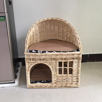 Traditional Farmhouse Half-Round Willow Hemp Rope Handwoven Cat Bed 2-Tier For Bedroom